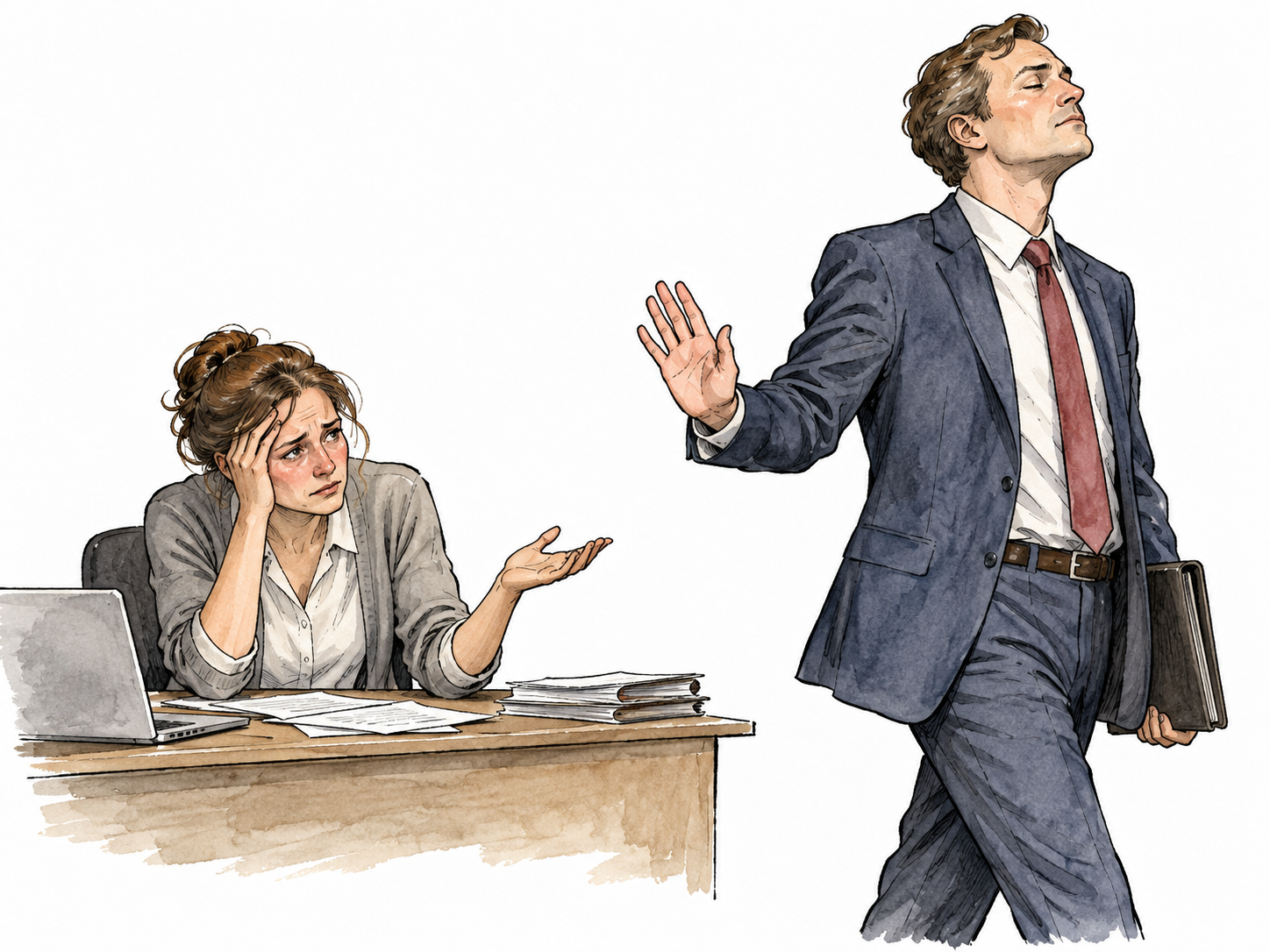 White well-dressed adult ignores a distressed colleague with cold dismissive posture.