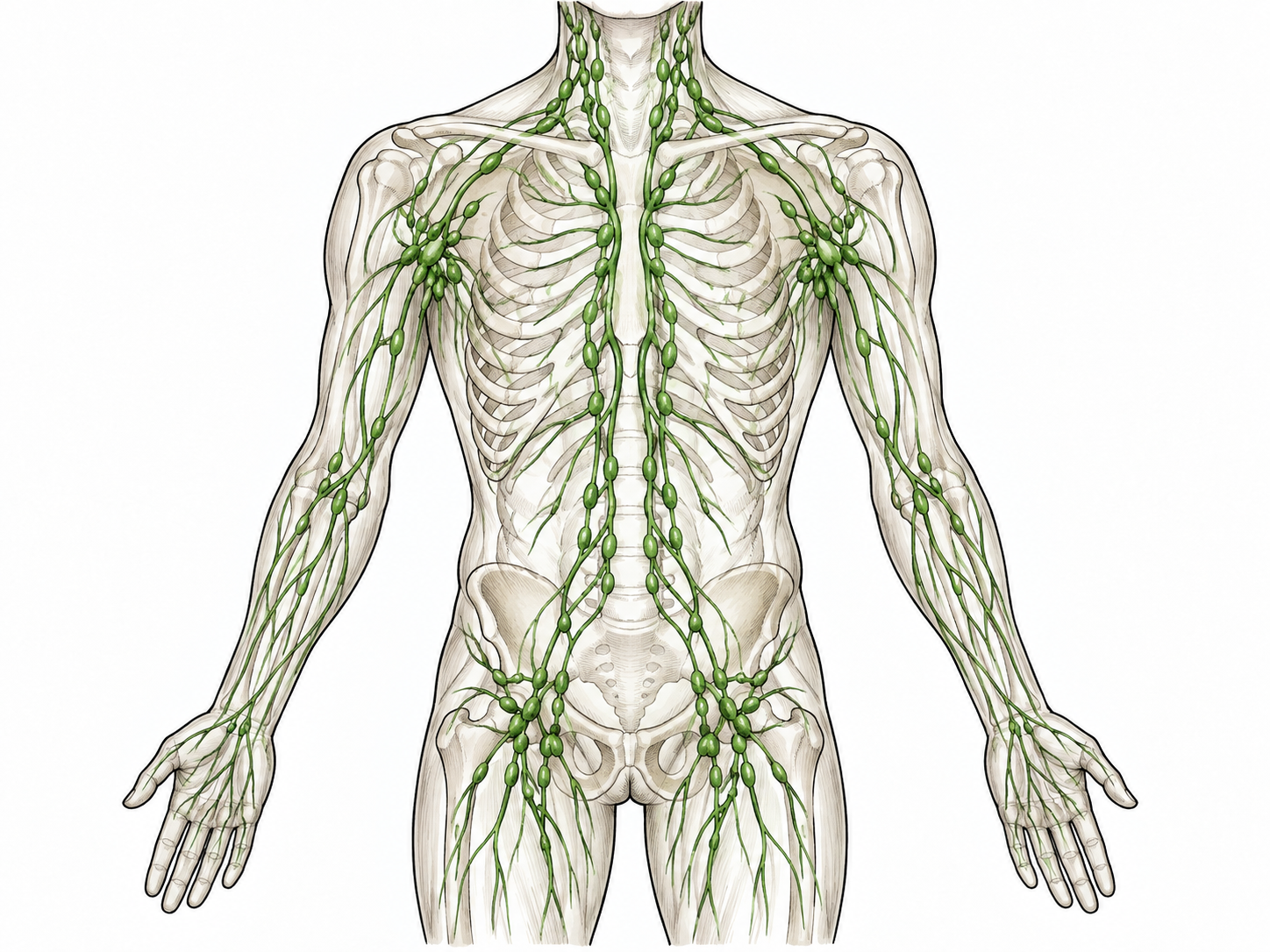 Educational silhouette of an adult torso with green branching lymphatic vessels and lymph node clusters in neck armpits and groin.