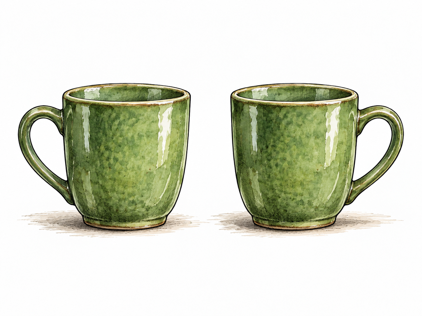 Two identical green ceramic cups aligned side by side.
