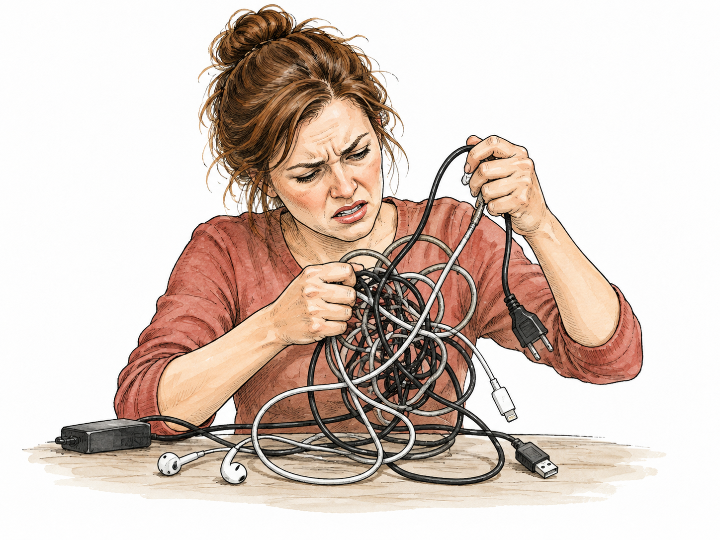 White woman frustrated by tangled cords.