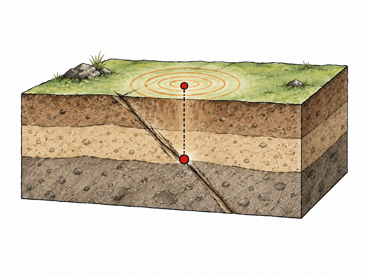 Regional crust cutaway showing shallow earthquake focus with epicenter directly above on ground surface.