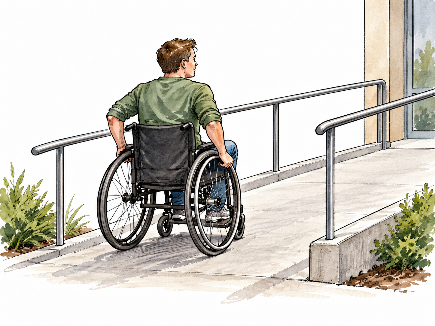 White wheelchair user moves independently along an accessible smooth ramp.