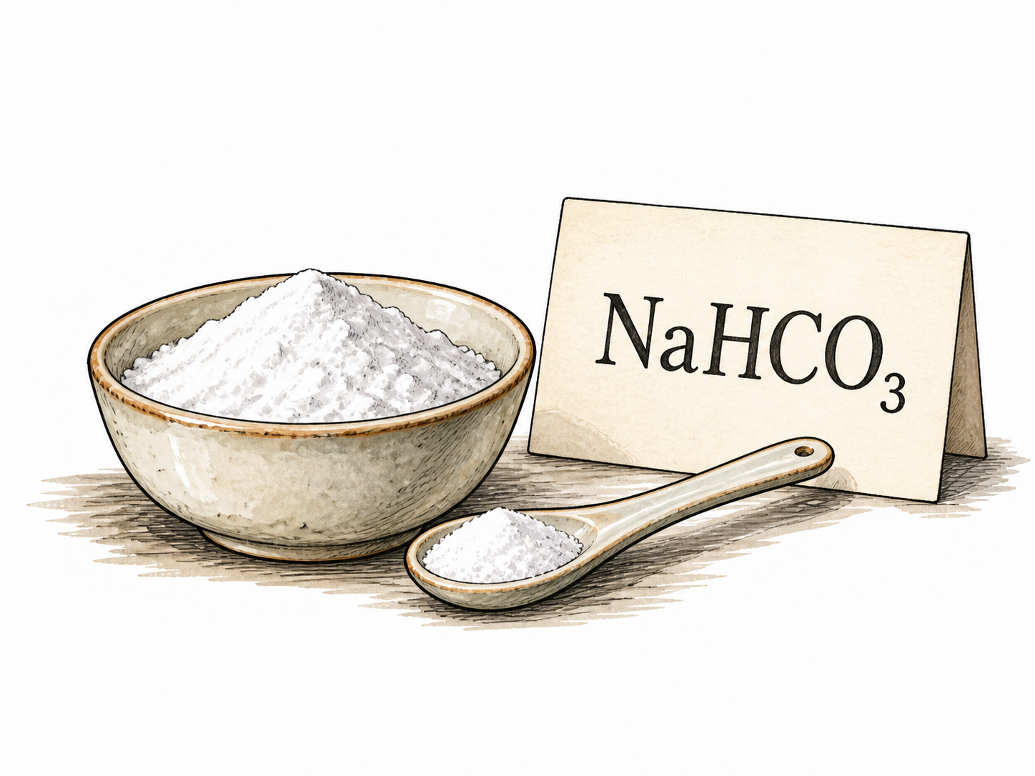 A bowl of baking soda and spoon beside an ivory card showing NaHCO₃, the formula for sodium bicarbonate.