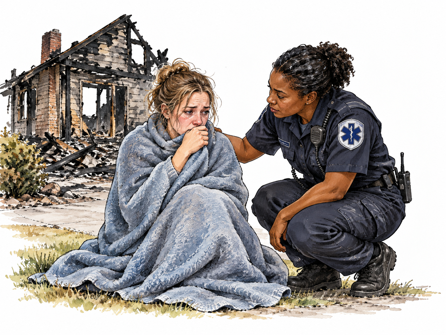 A shaken white woman wrapped in a blanket after a house fire, compassionate Black responder beside her, no flames or wounds.