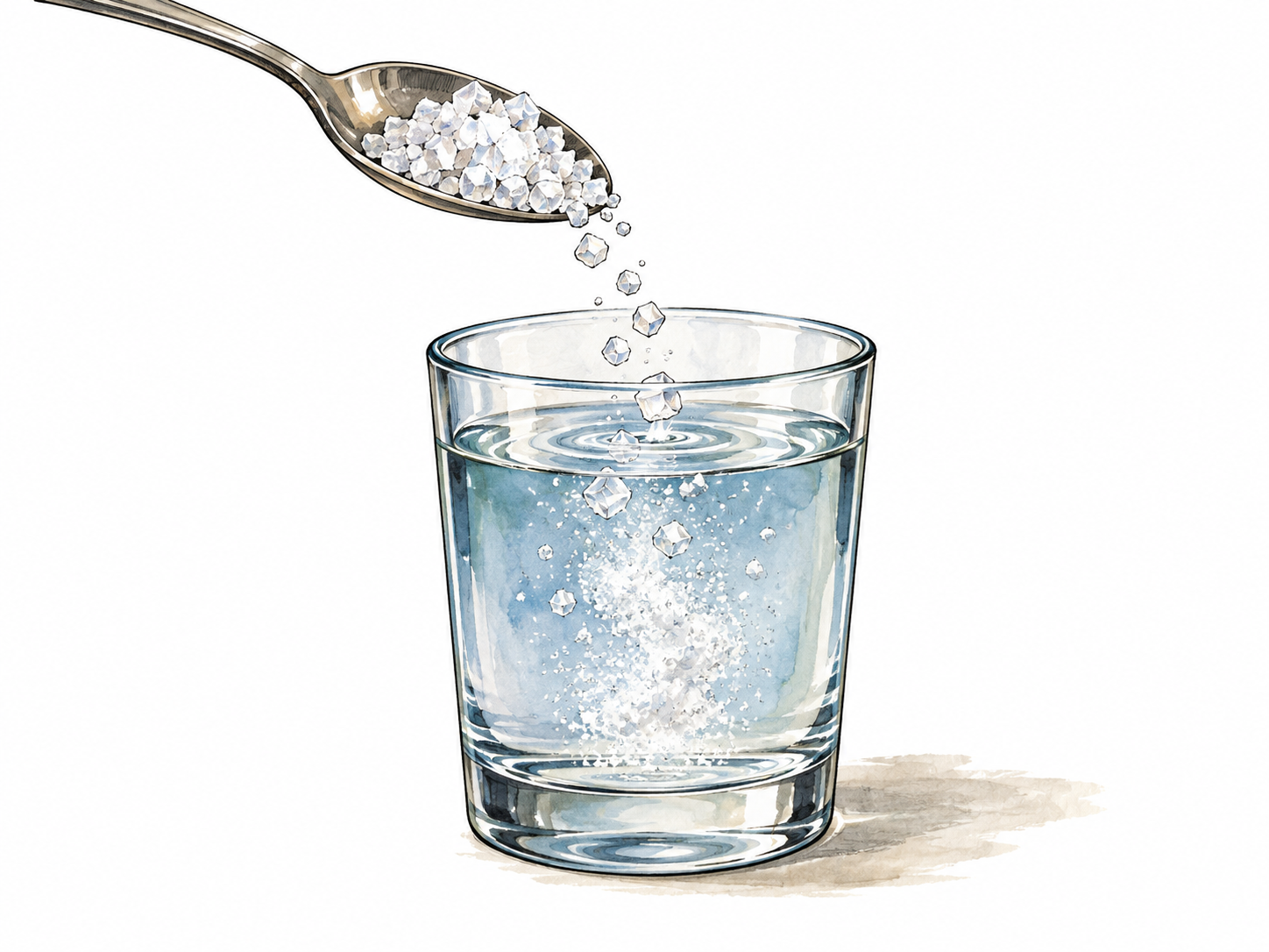 Salt crystals on a spoon above a glass where other crystals dissolve.
