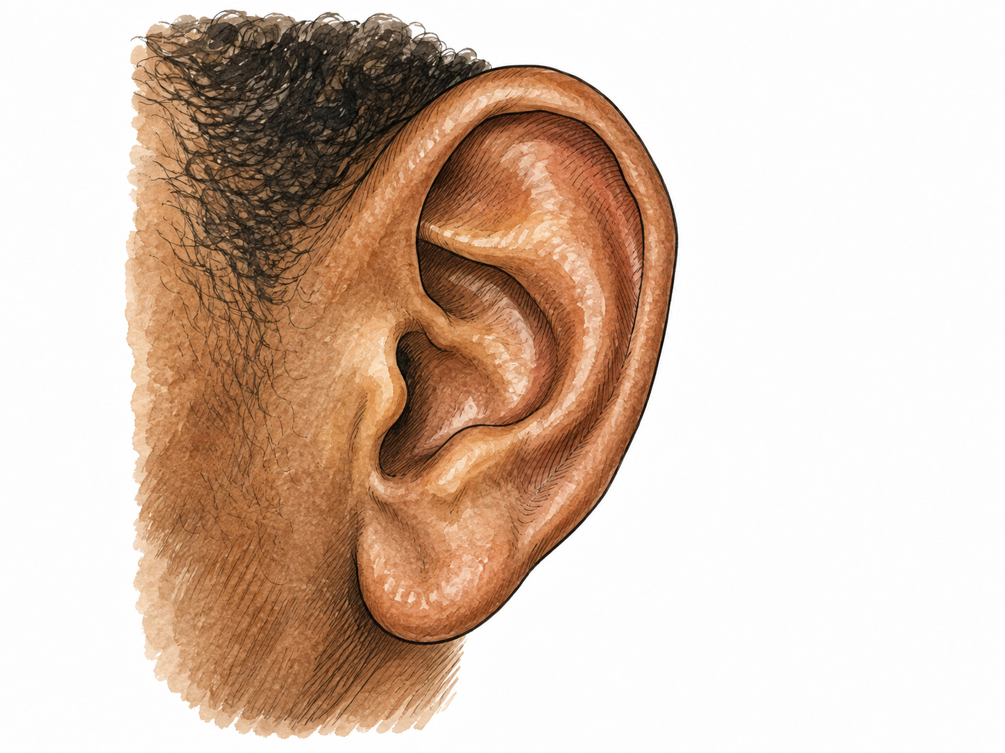 Close profile of a natural adult ear, pinna folds crisp and anatomically correct, brown skin.