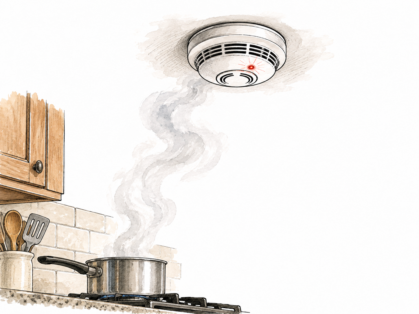 A smoke detector on a ceiling responding to a faint kitchen smoke plume with a small red light, no fire.
