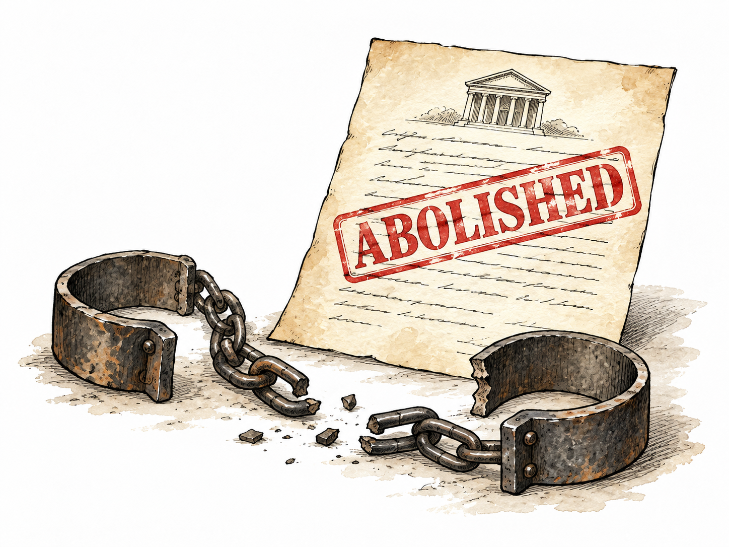 Broken shackles beside a law document marked 'ABOLISHED', sober historical symbolism.