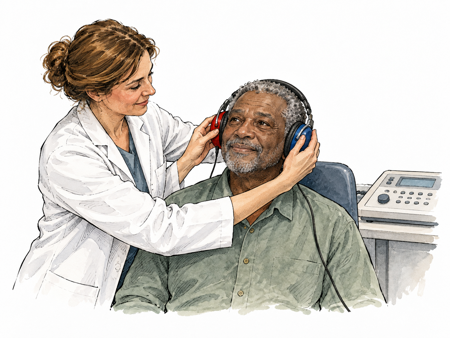 A white audiologist placing headphones over a patient's ears for a hearing test, clinical but warm, no text.