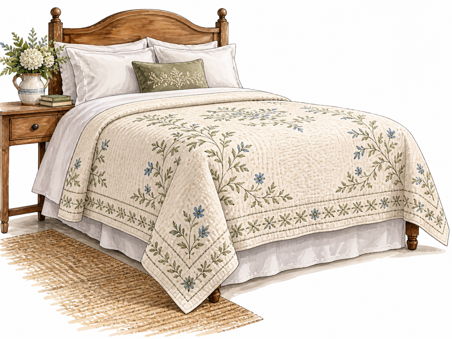 A neatly draped lightweight embroidered coverlet atop a made bed, elegant woven detail.