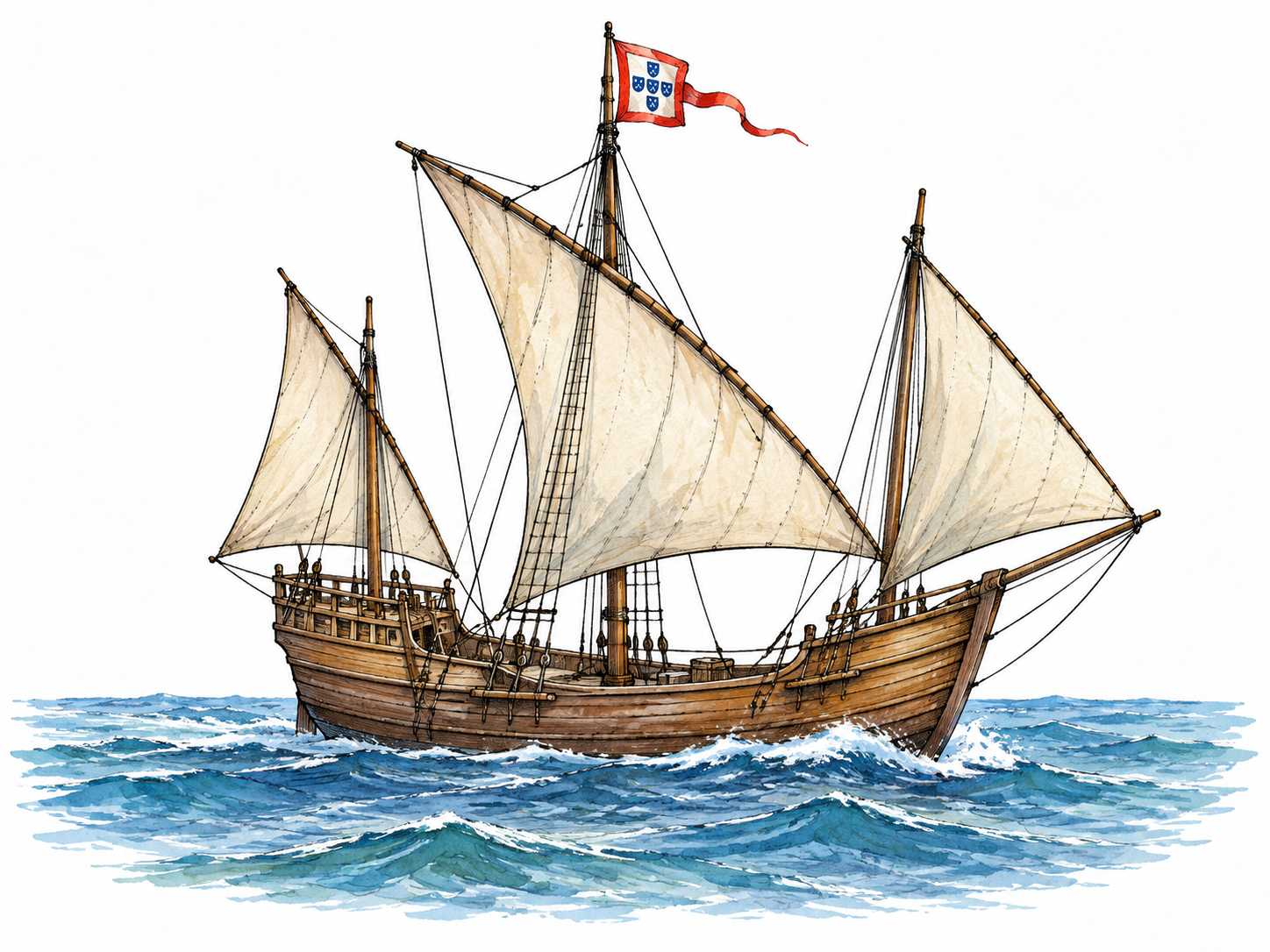 A Portuguese-style caravel with triangular lateen sails on two or three masts sailing a blue sea, accurate wooden hull and rigging.