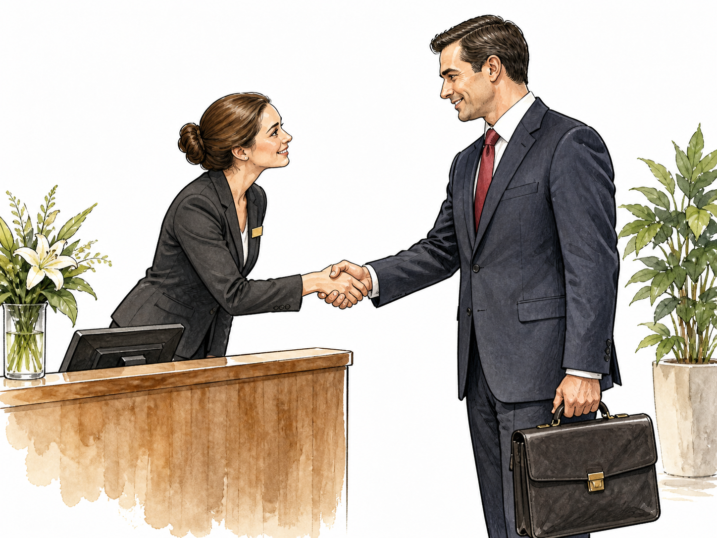 Polite adult man in suit greeted respectfully at reception.