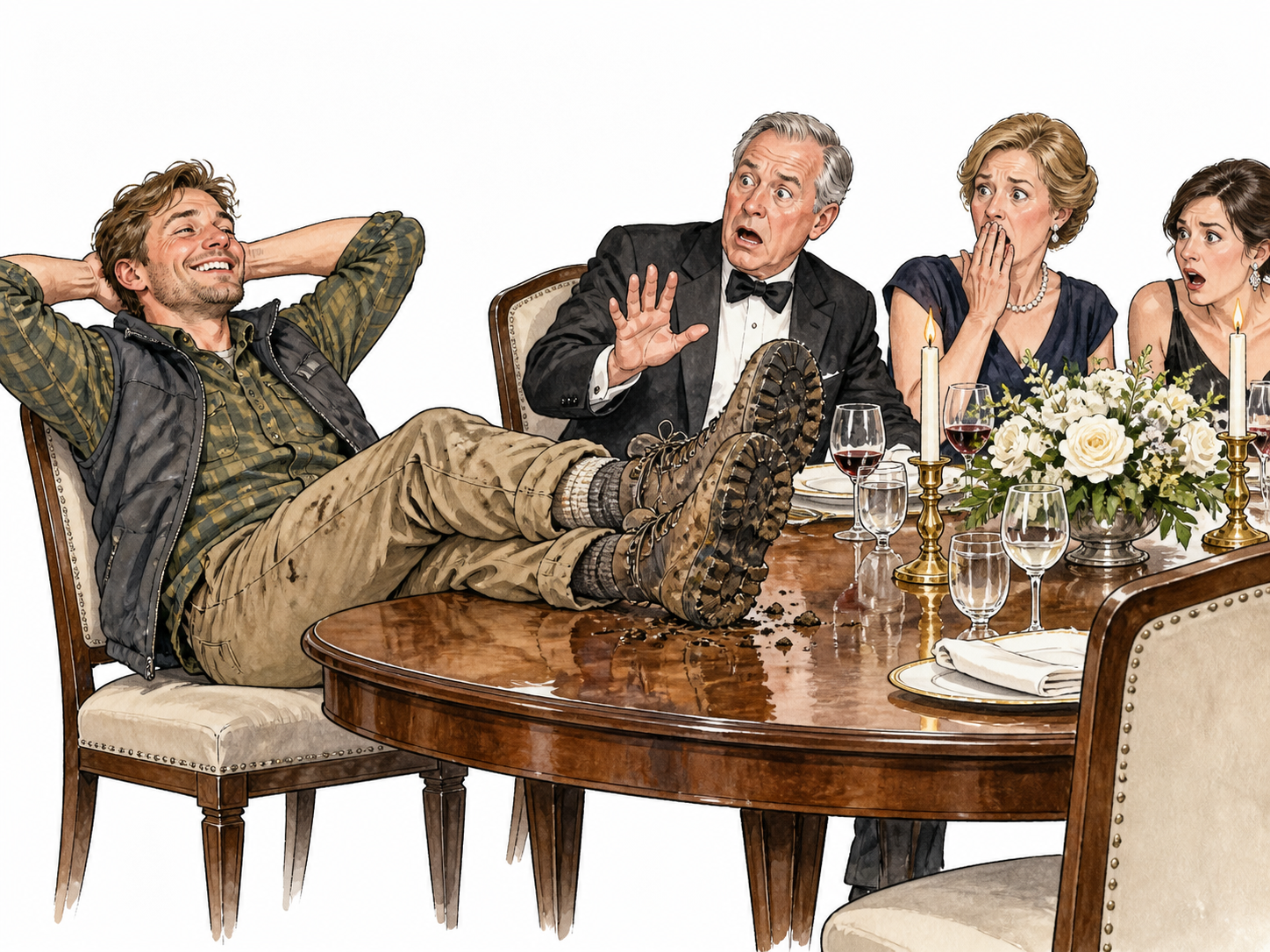 A guest in muddy hiking boots putting feet onto an elegant dining table while others react with surprise, white adult, clear unsuitable conduct.