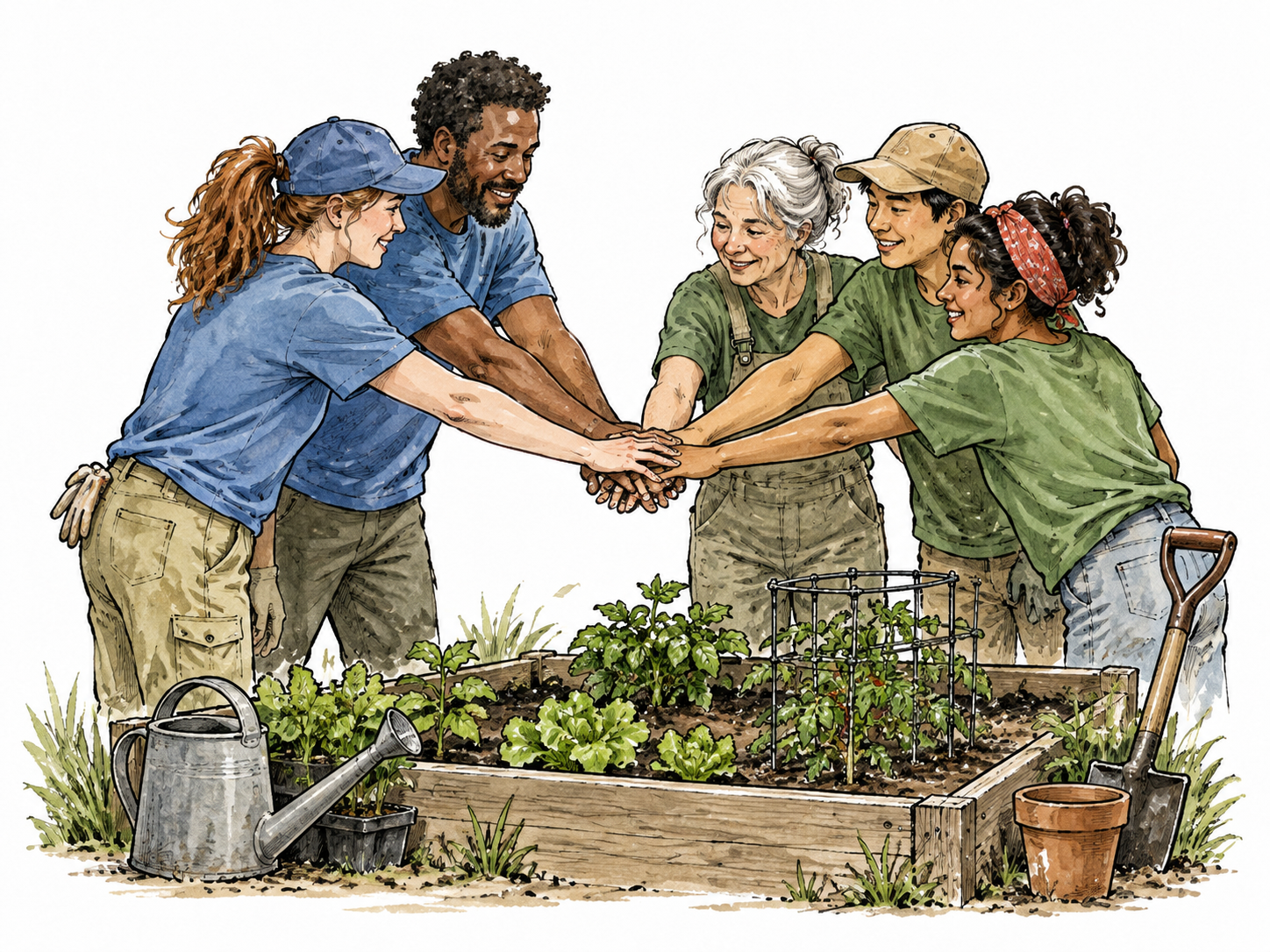 Two diverse teams join hands over a shared community garden project.