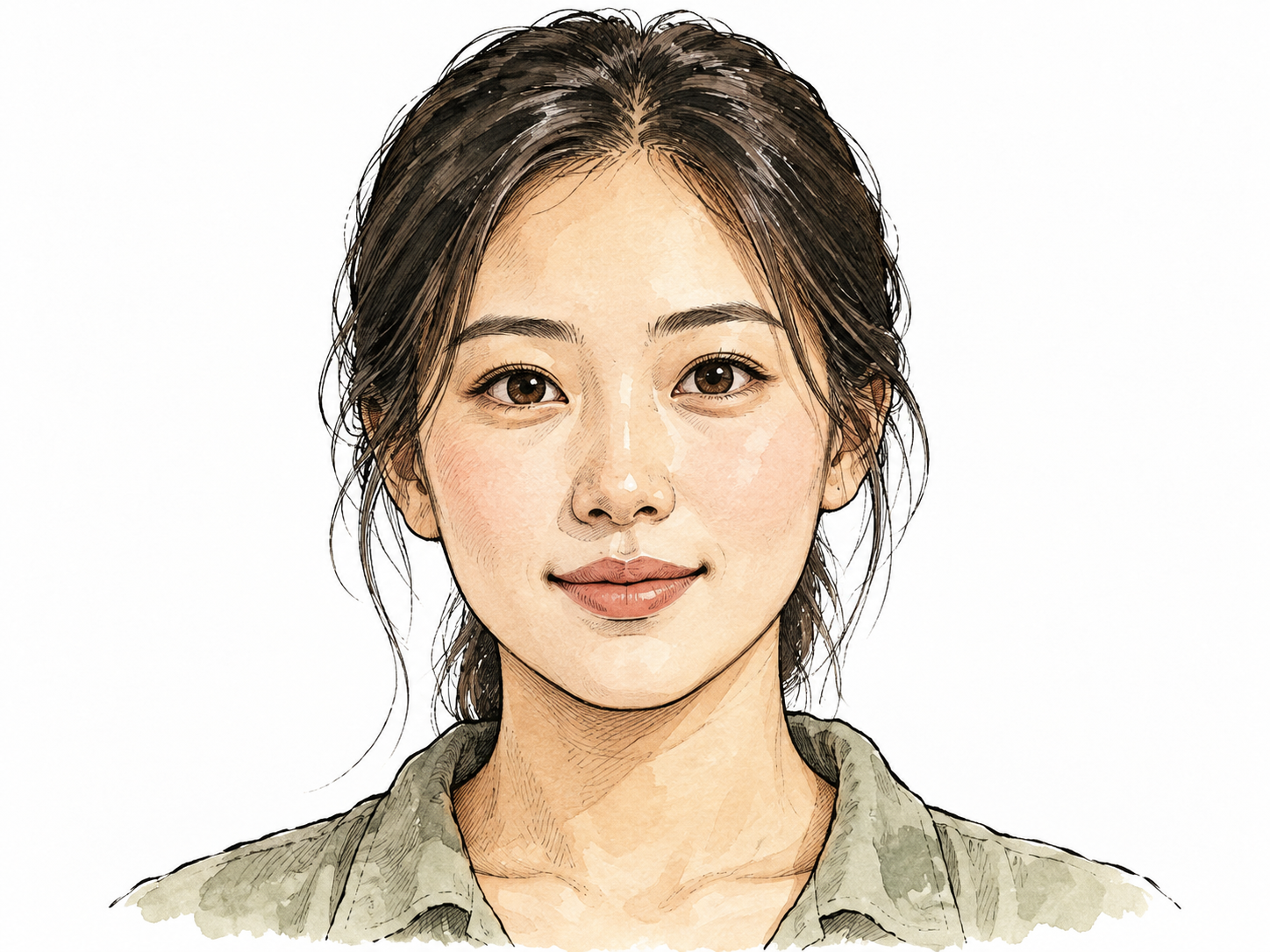 Natural close frontal portrait of East Asian woman, clear facial features.