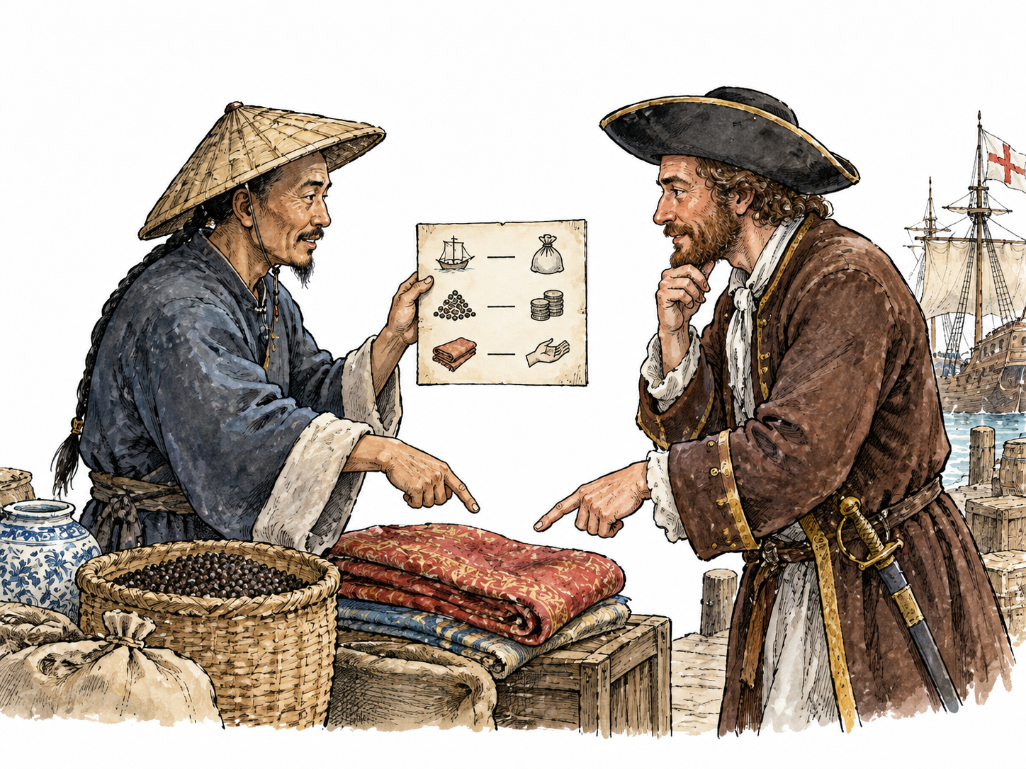 Two adult traders with no shared language communicating through a simple shared phrase card with blank marks and pointing to goods, Chinese and European historical port traders, respectful contact-language exchange.