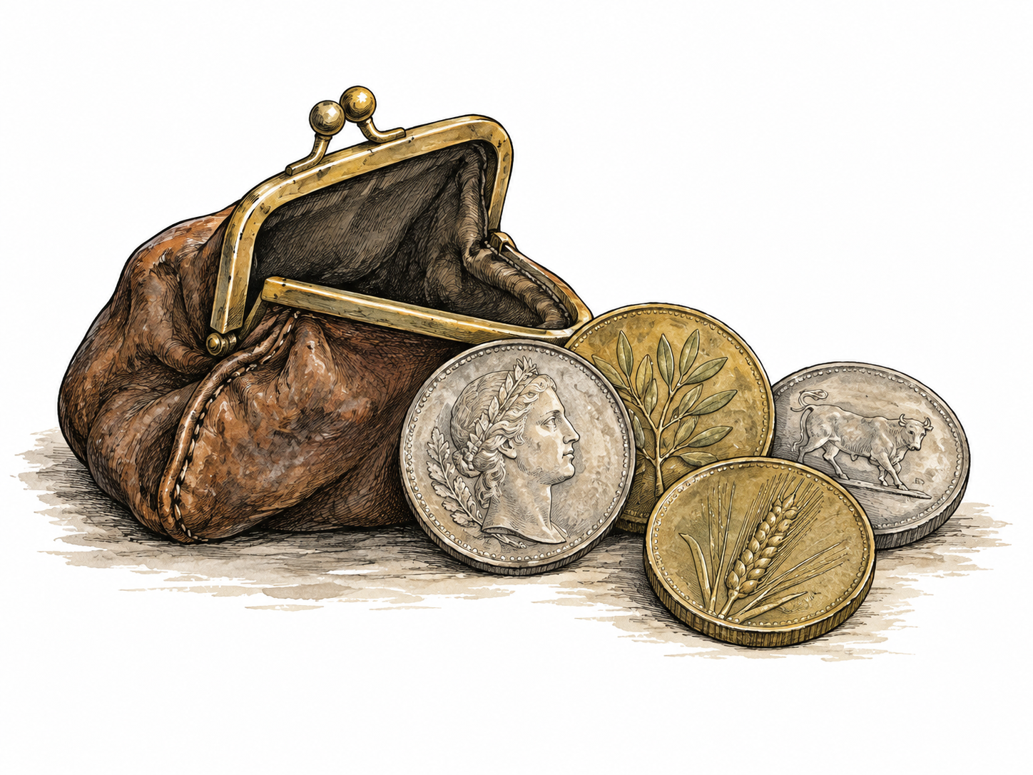 A few unlettered historically inspired Italian lira coins beside an old purse, no readable numeral claim.