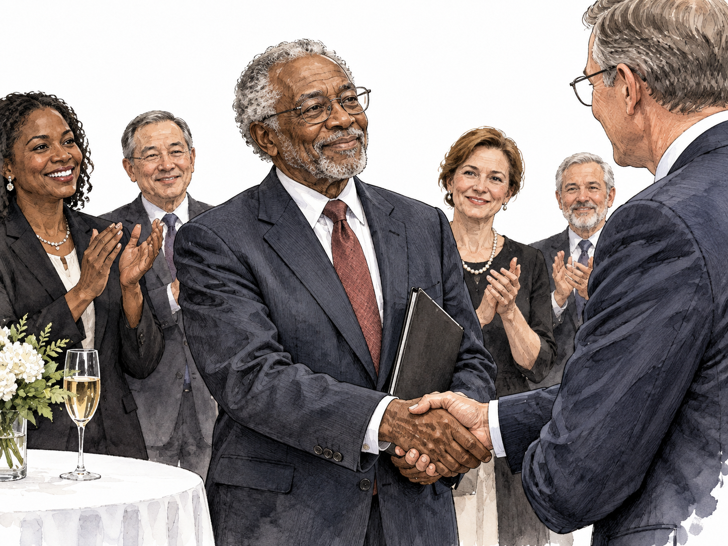 Distinguished older Black scientist welcomed at formal gathering.