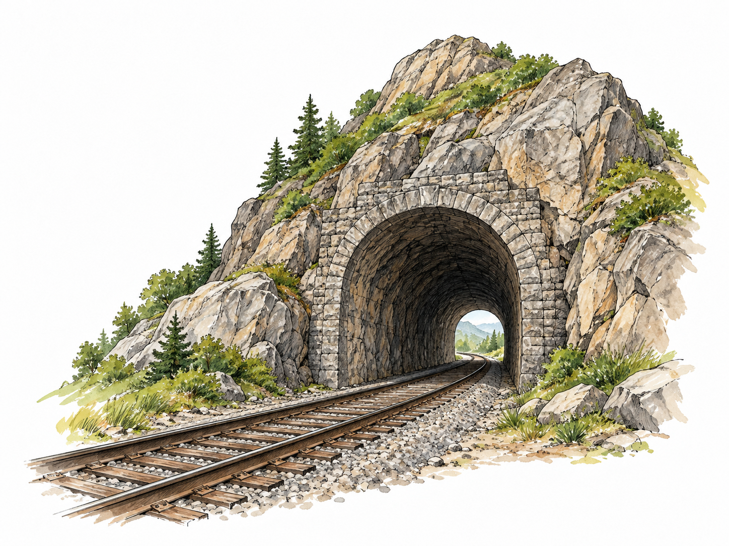 A stone railway tunnel piercing a mountain, clear entrance and passage receding through rock.
