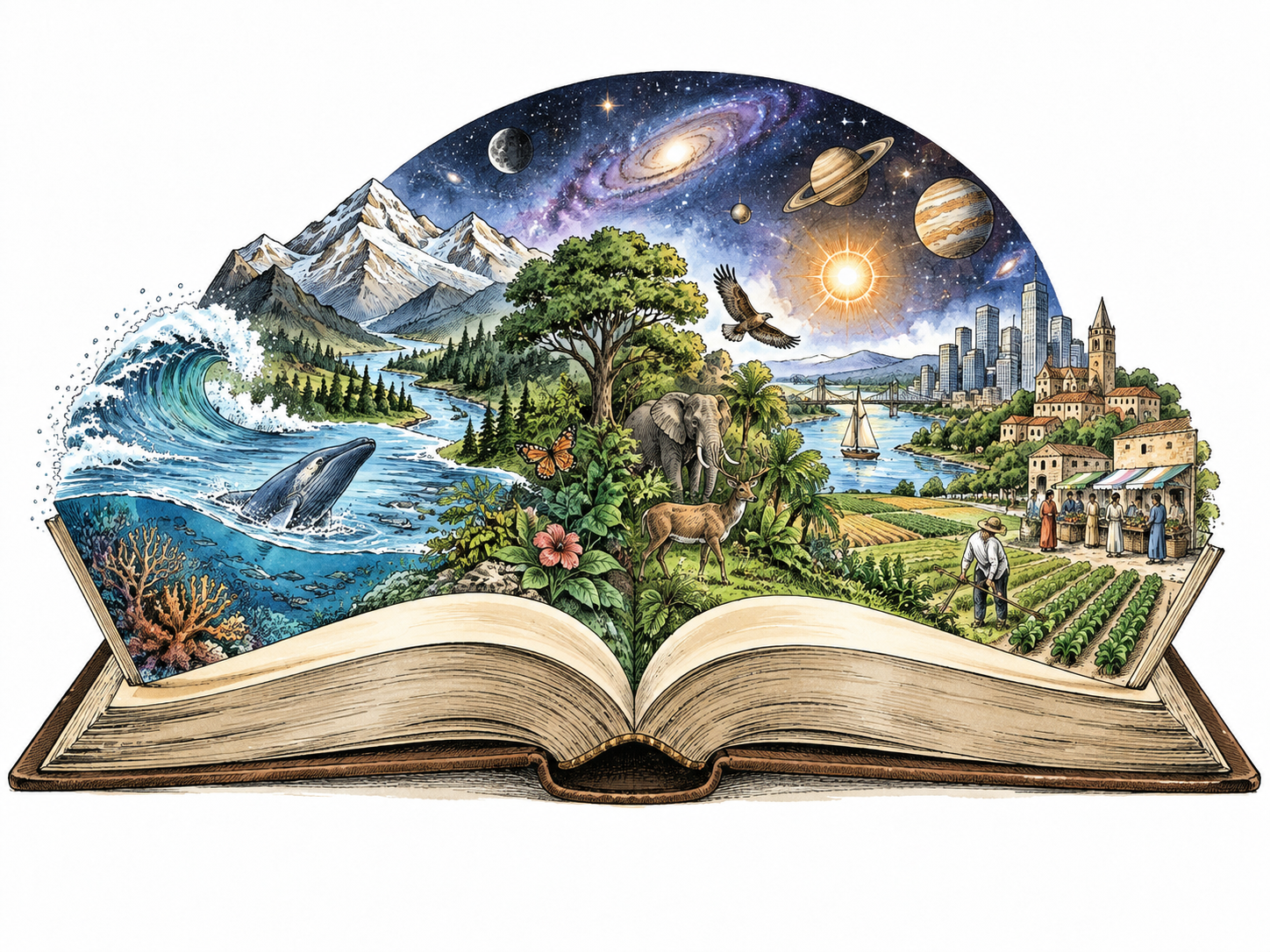A symbolic open book encompassing stars, oceans, living plants and human activities, visual metaphor of complete knowledge, no words.