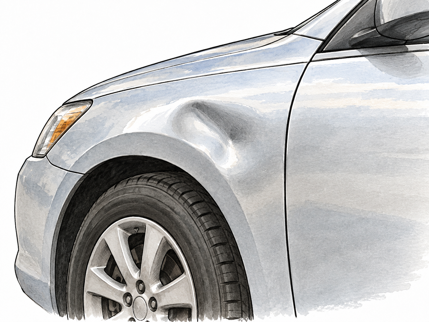 A car fender has a shallow inward dent beside an undamaged surface.