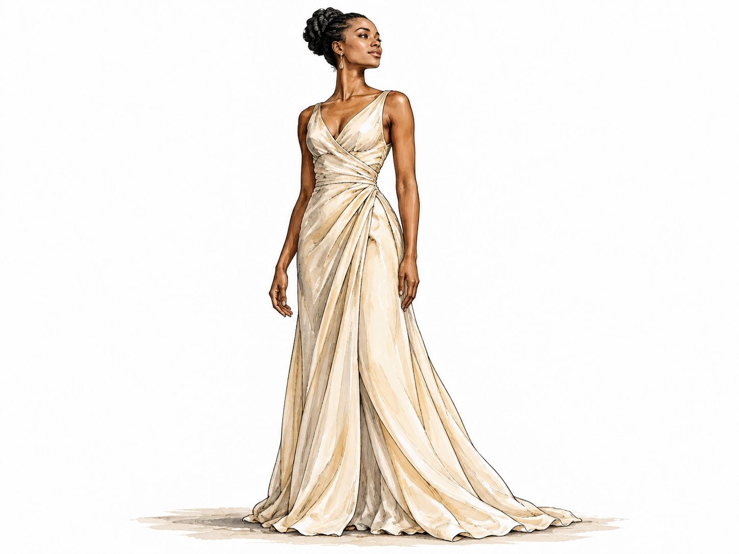 Tall graceful Black woman stands in elegant long dress.