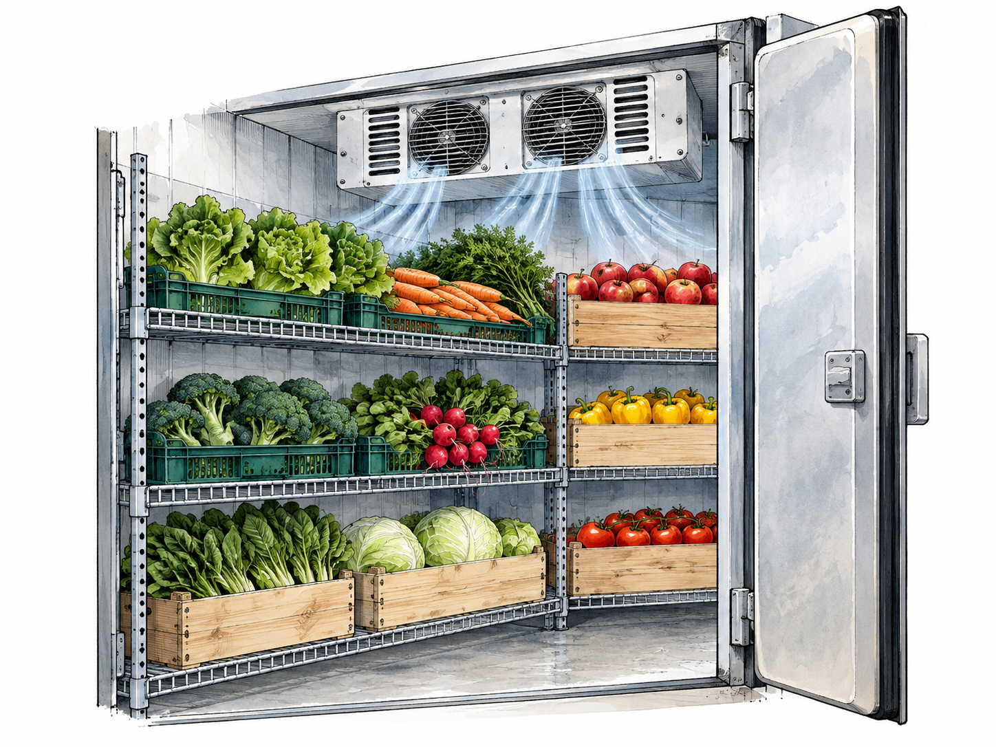 Cold storage shelves keep produce cool with visible refrigeration vents.