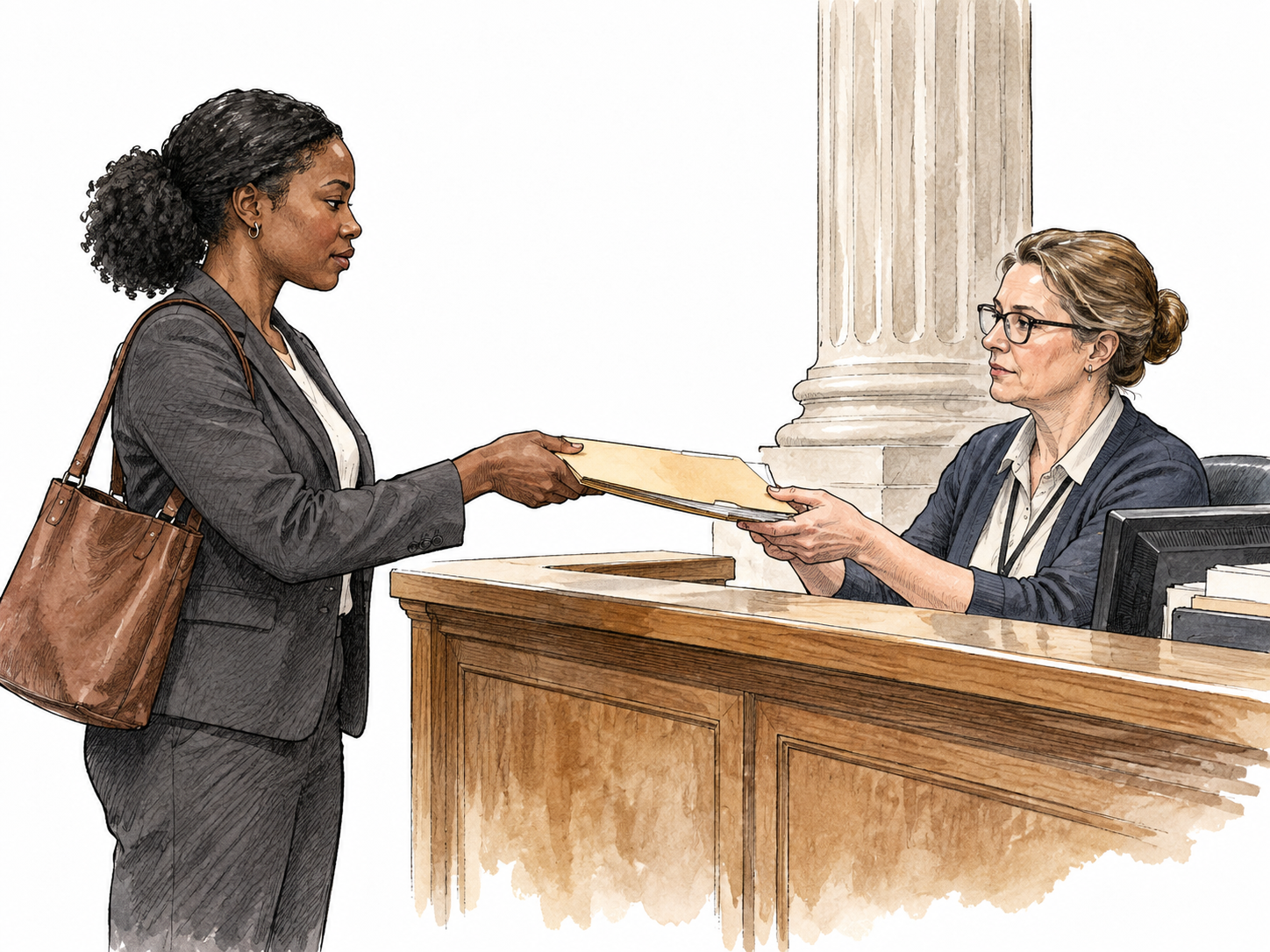 A Black woman submits a formal complaint folder to a courthouse clerk.