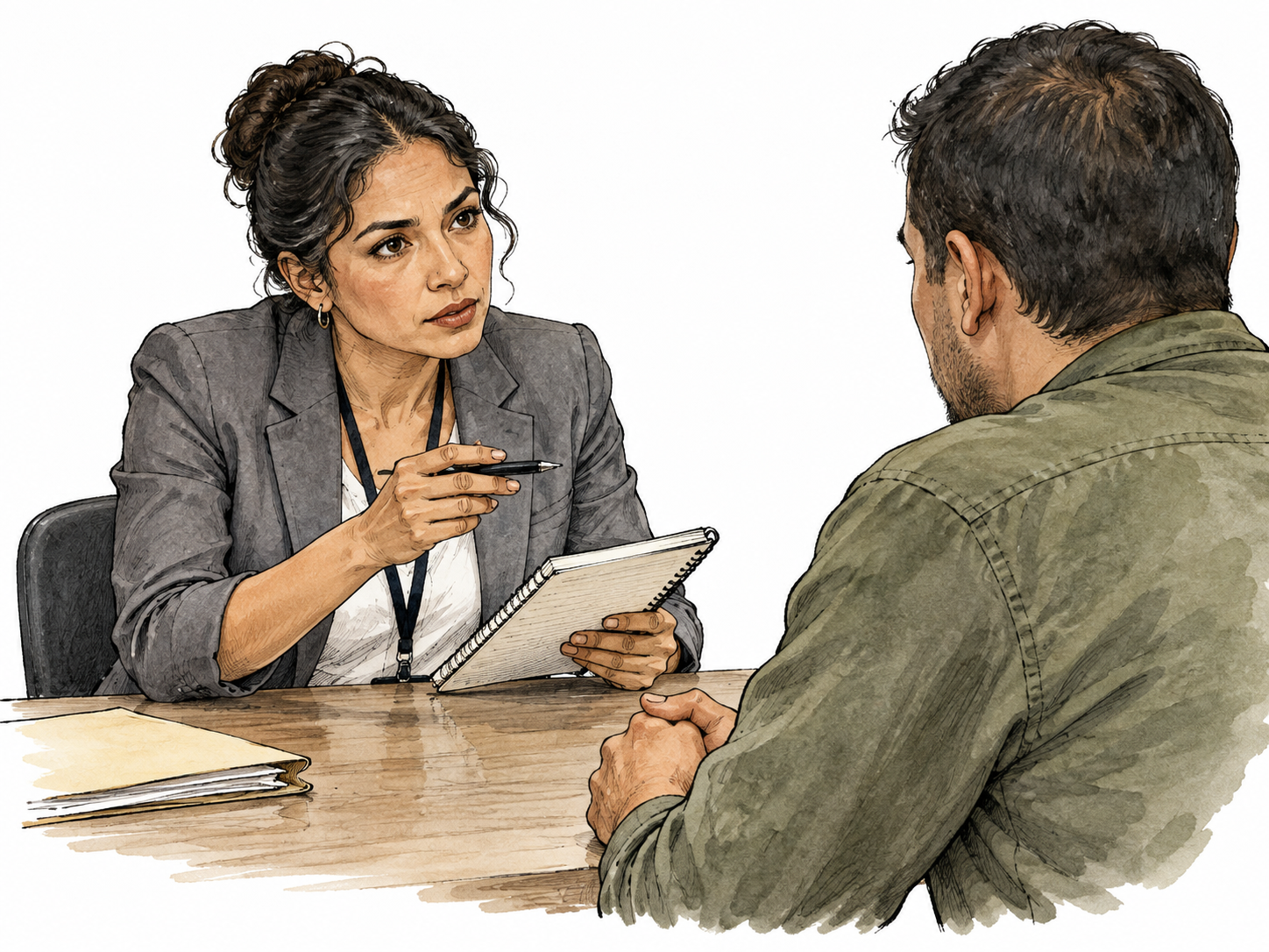 Latina investigator listens and asks follow-up with notebook.