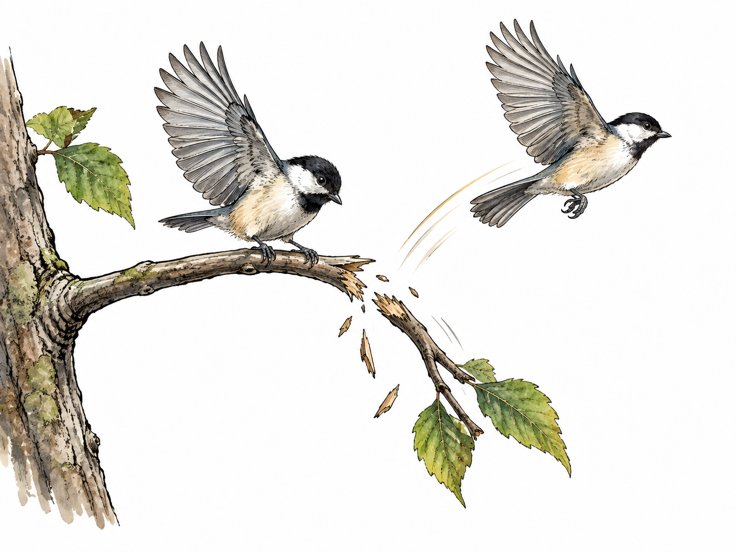 A fragile branch snapping as a bird lands and then flies away, one clear event taking place, no injury.