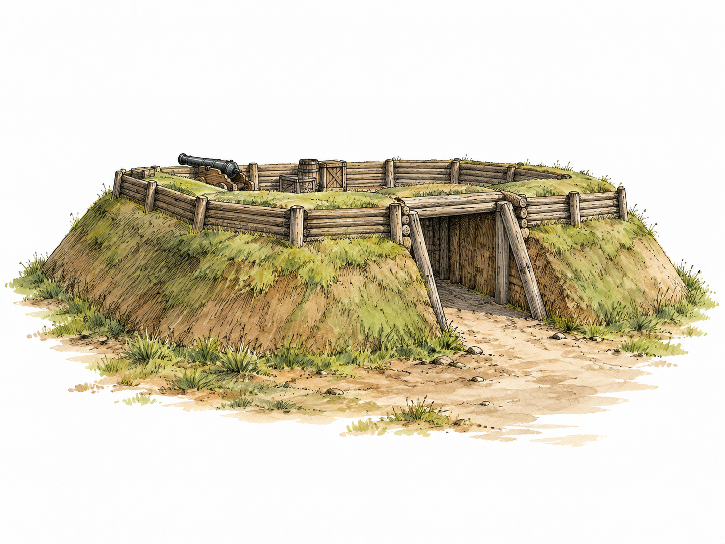A small earthen defensive fort with a low wall and sheltered entrance.