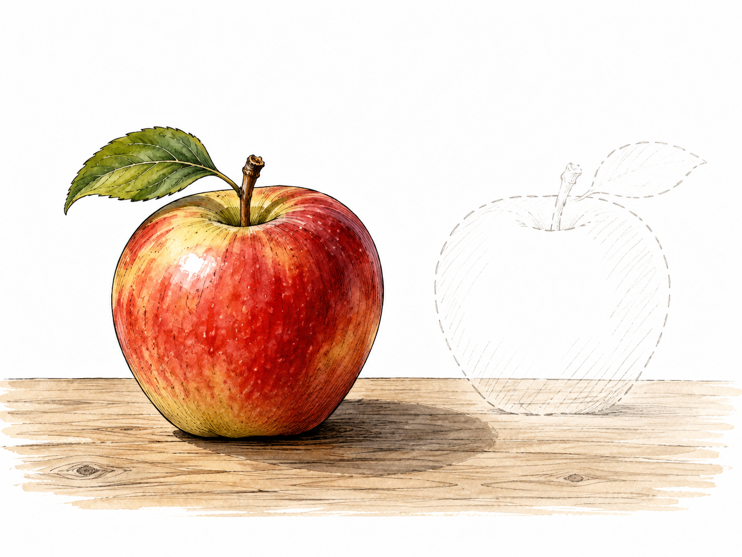Real ripe apple on table casting shadow beside faint imagined apple outline.