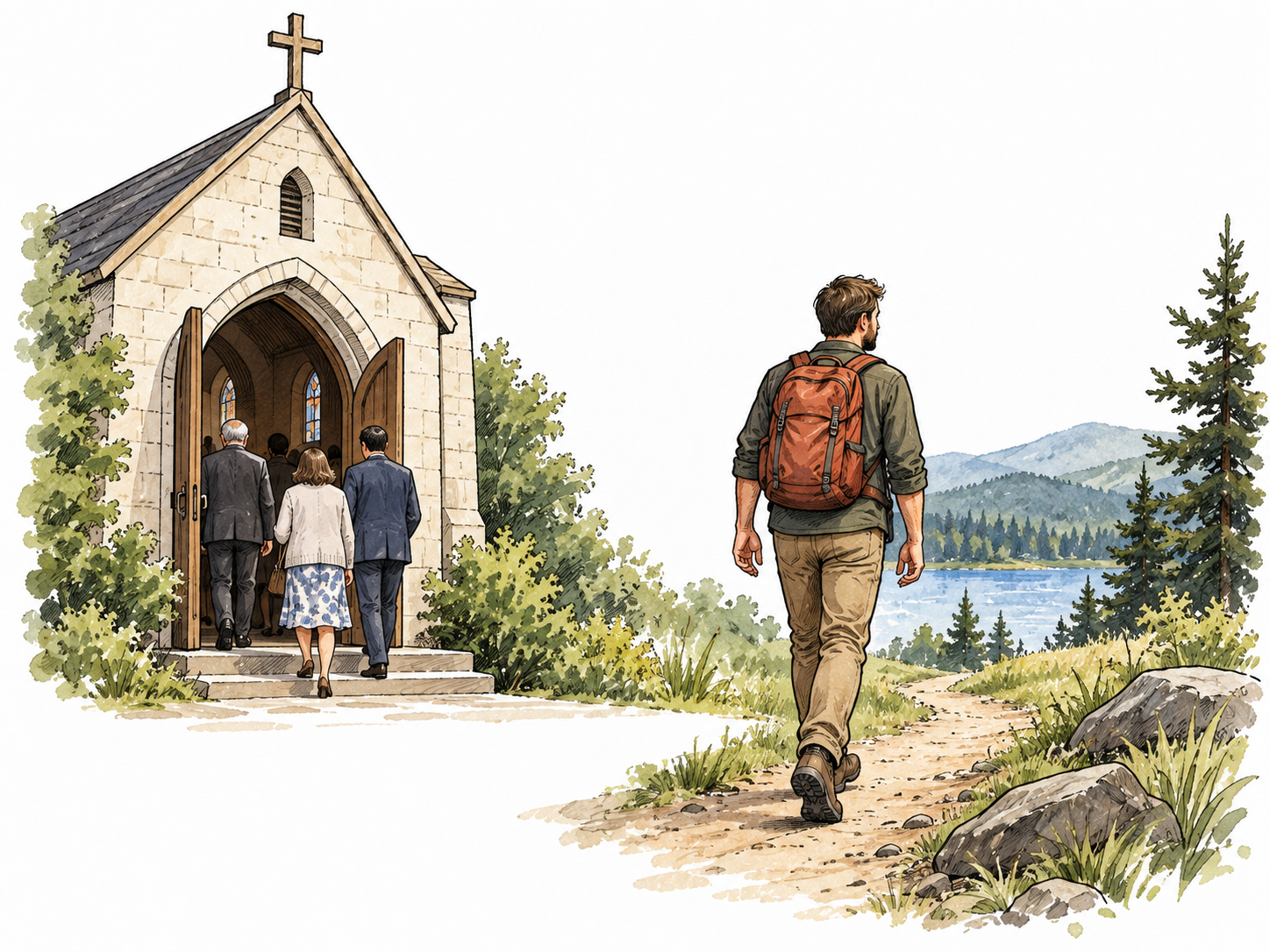 An adult calmly chooses a secular nature walk while others enter a church, no mockery.
