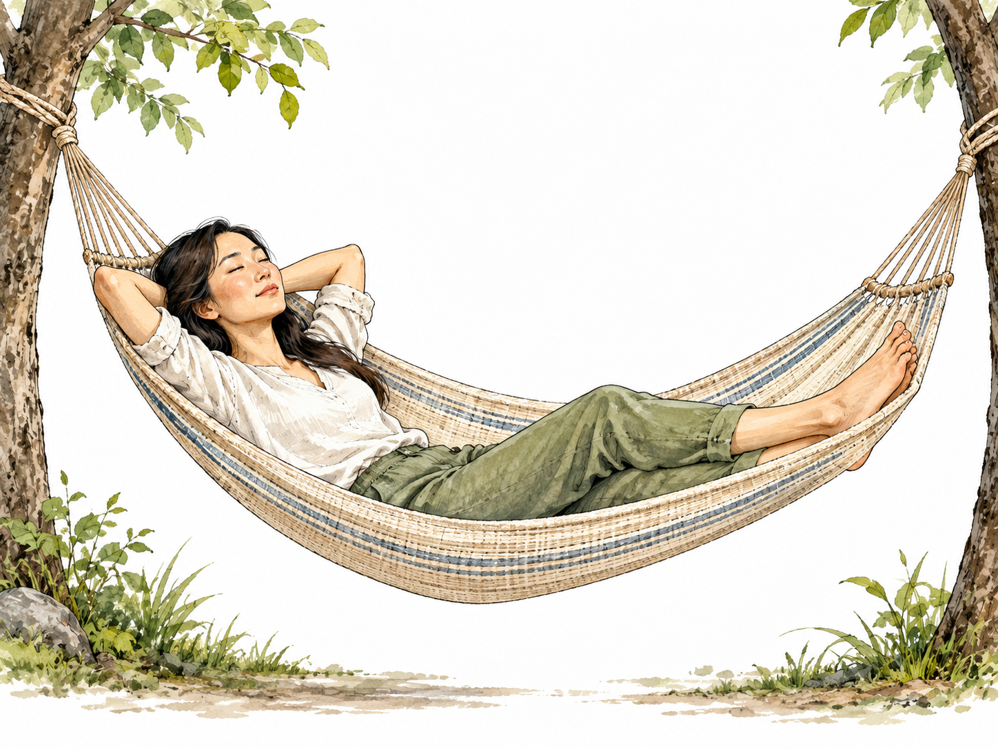 An East Asian woman rests peacefully in a hammock.