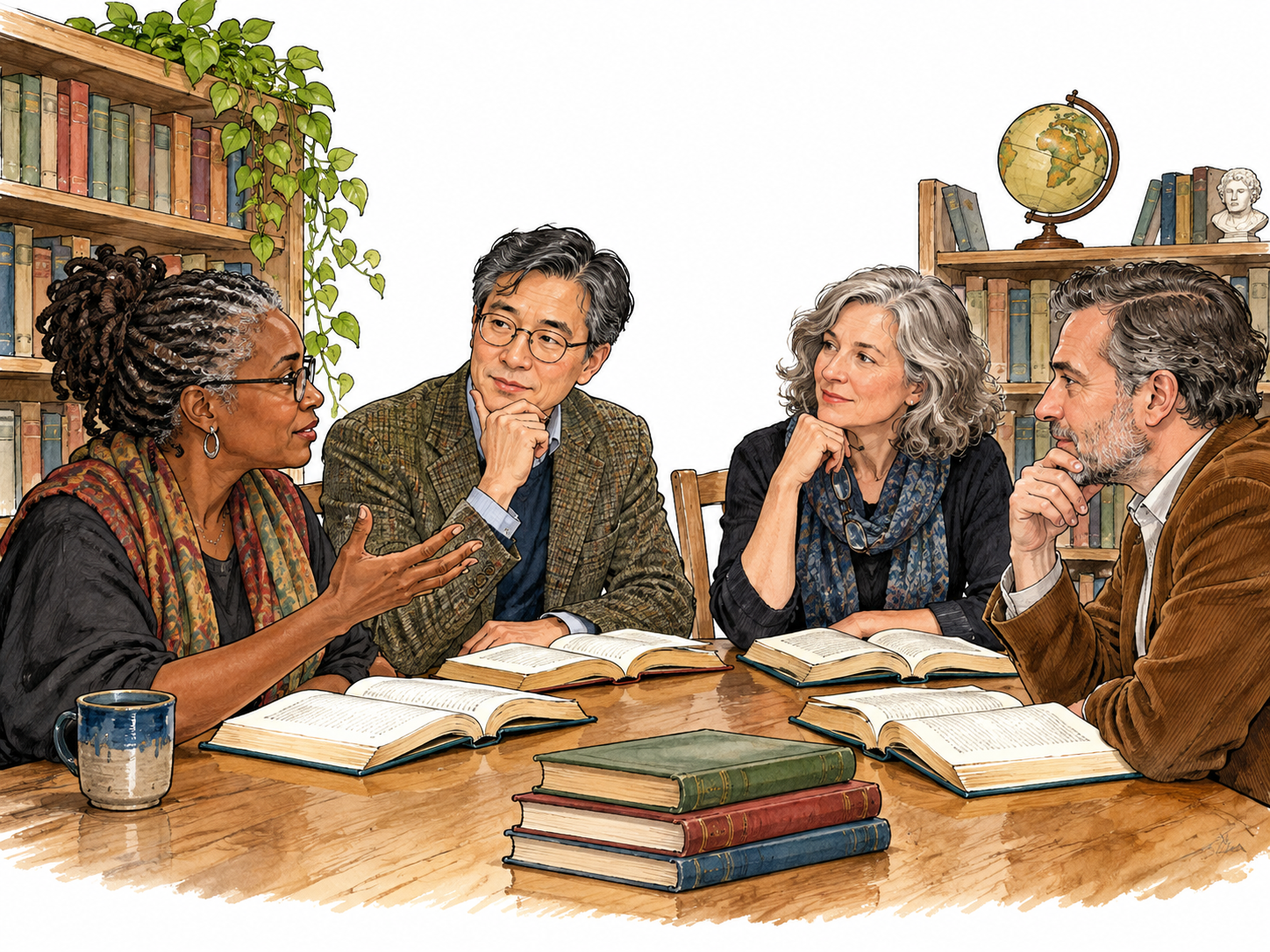 A small literary discussion group of Black, East Asian and white middle-aged adults considering open books at a library table.