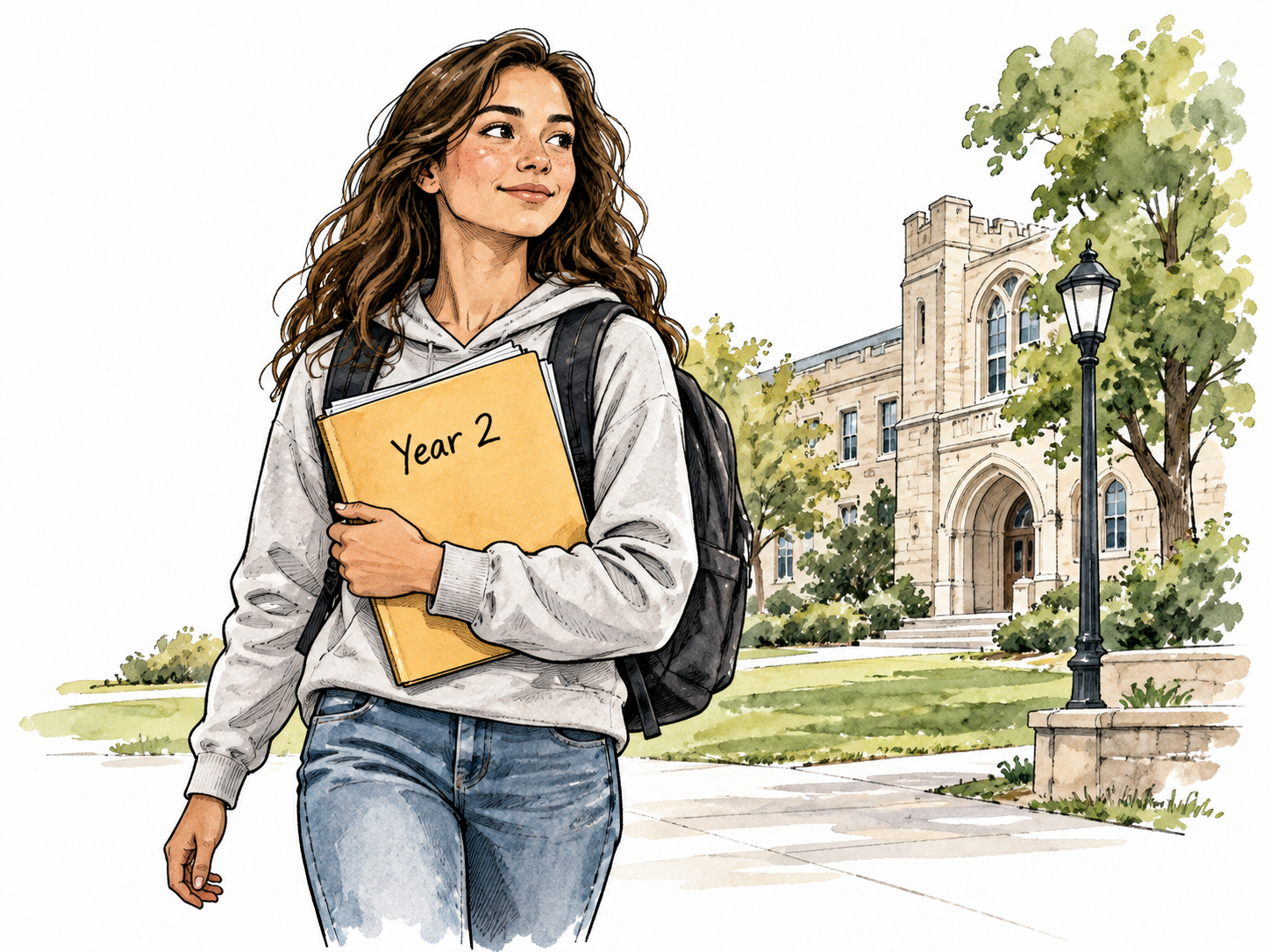 Second-year college student holds a folder marked exactly 'Year 2' on campus.