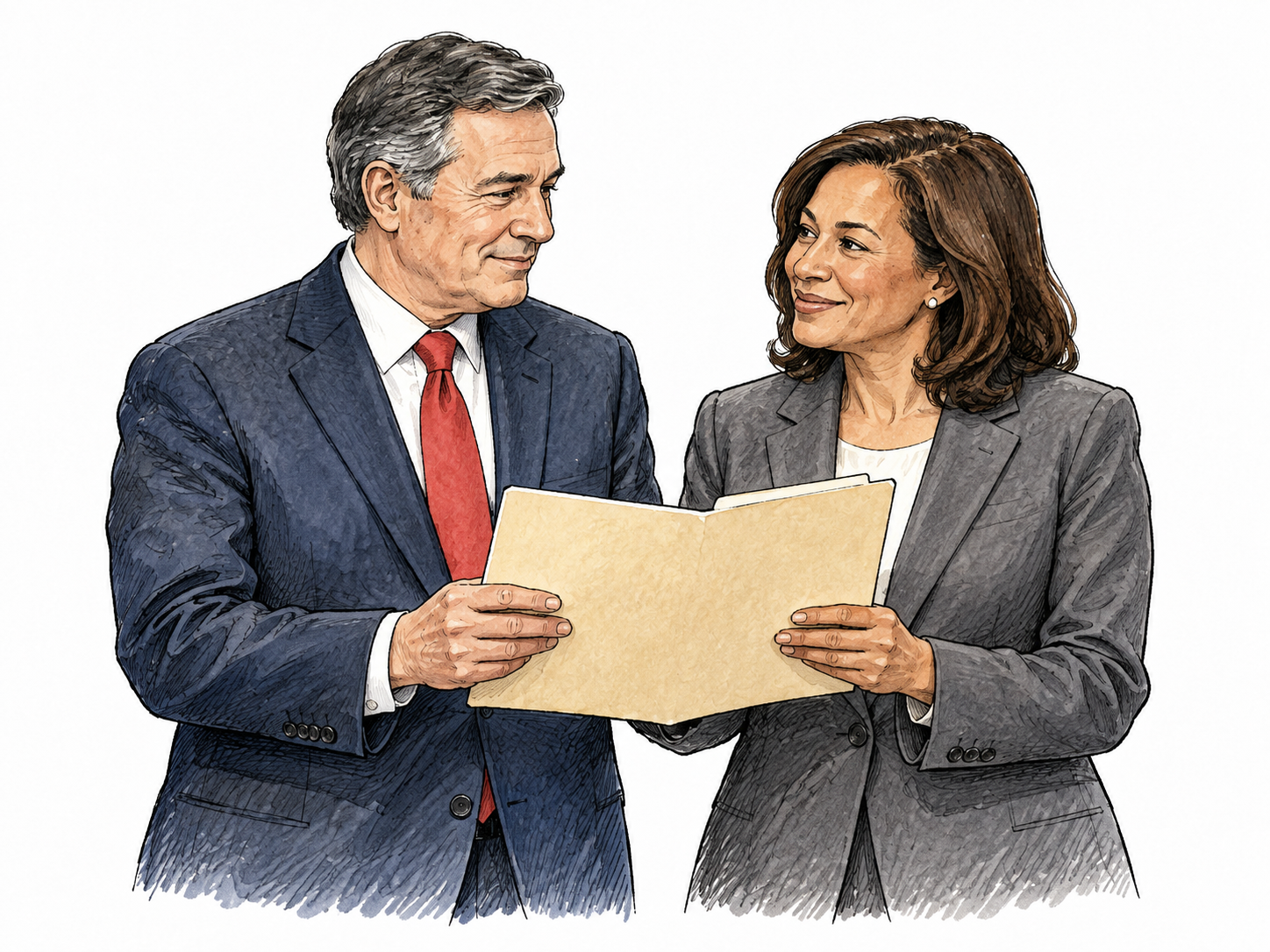 Two politicians of different party-color ties jointly hold one unmarked proposal folder, cooperative posture.