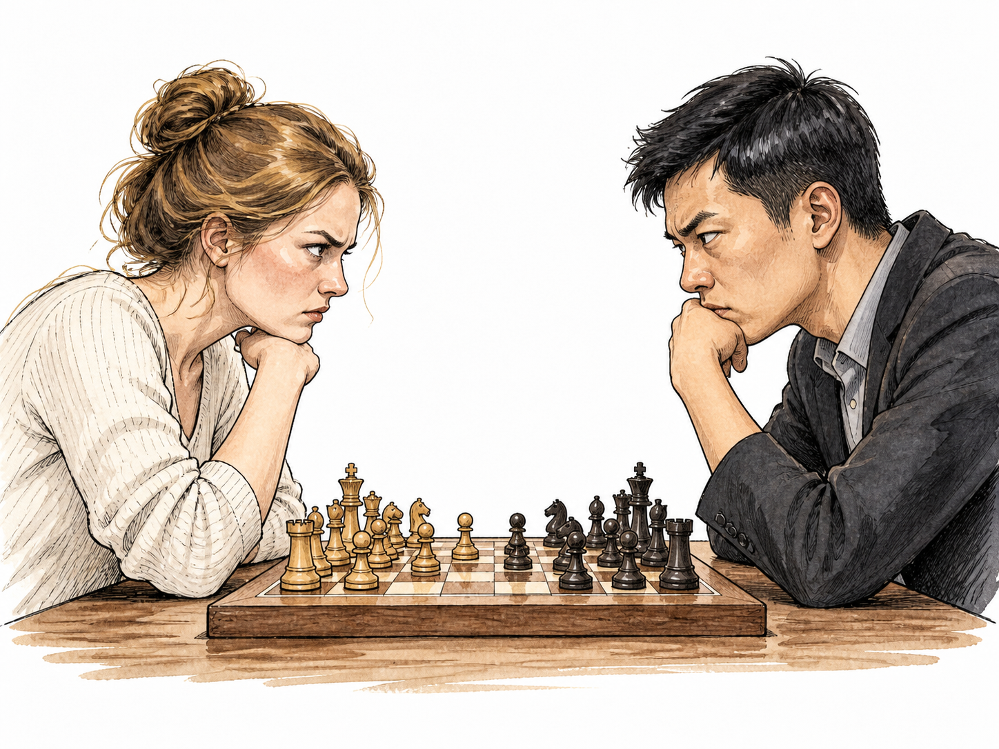 Two opposing chess players glaring across a board, one white woman and one East Asian man, adversarial opposition.