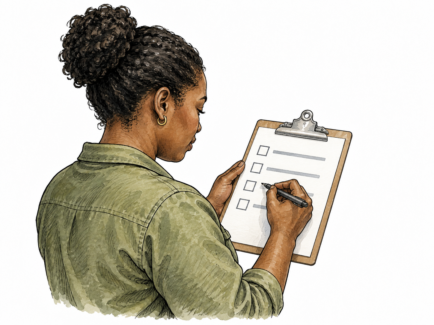 A person answering a short questionnaire on a clipboard with neat empty checkboxes, Black adult, no readable words.