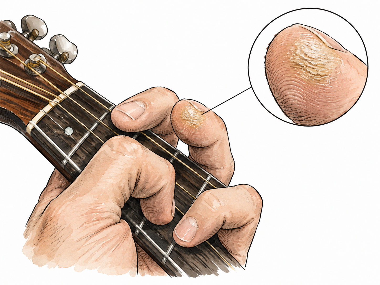 Close-up of a hardened patch on a guitarist's fingertip, accurate mild callus.
