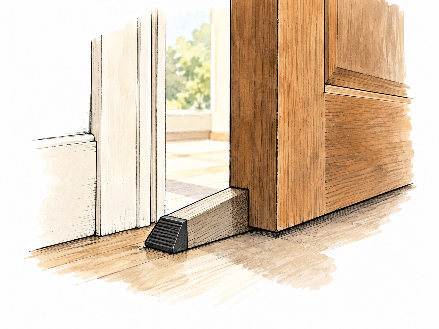 A properly secured doorstop holds a heavy door open successfully.