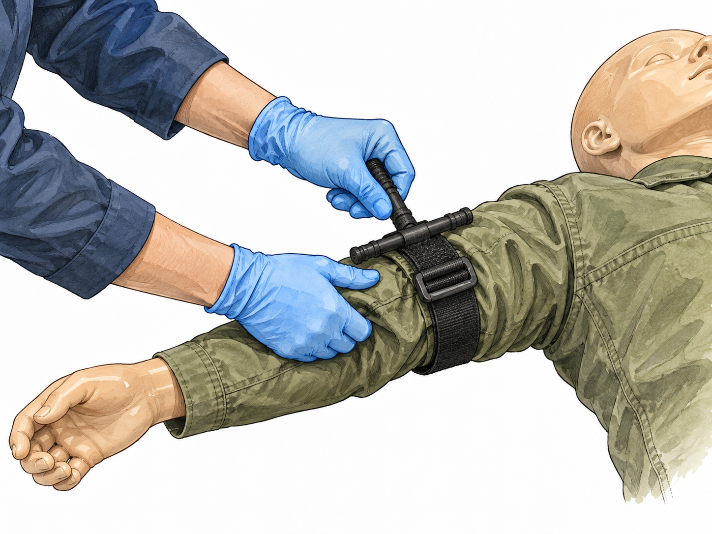 A gloved medical worker demonstrates a commercial tourniquet high on a fully covered training mannequin arm, non-graphic.