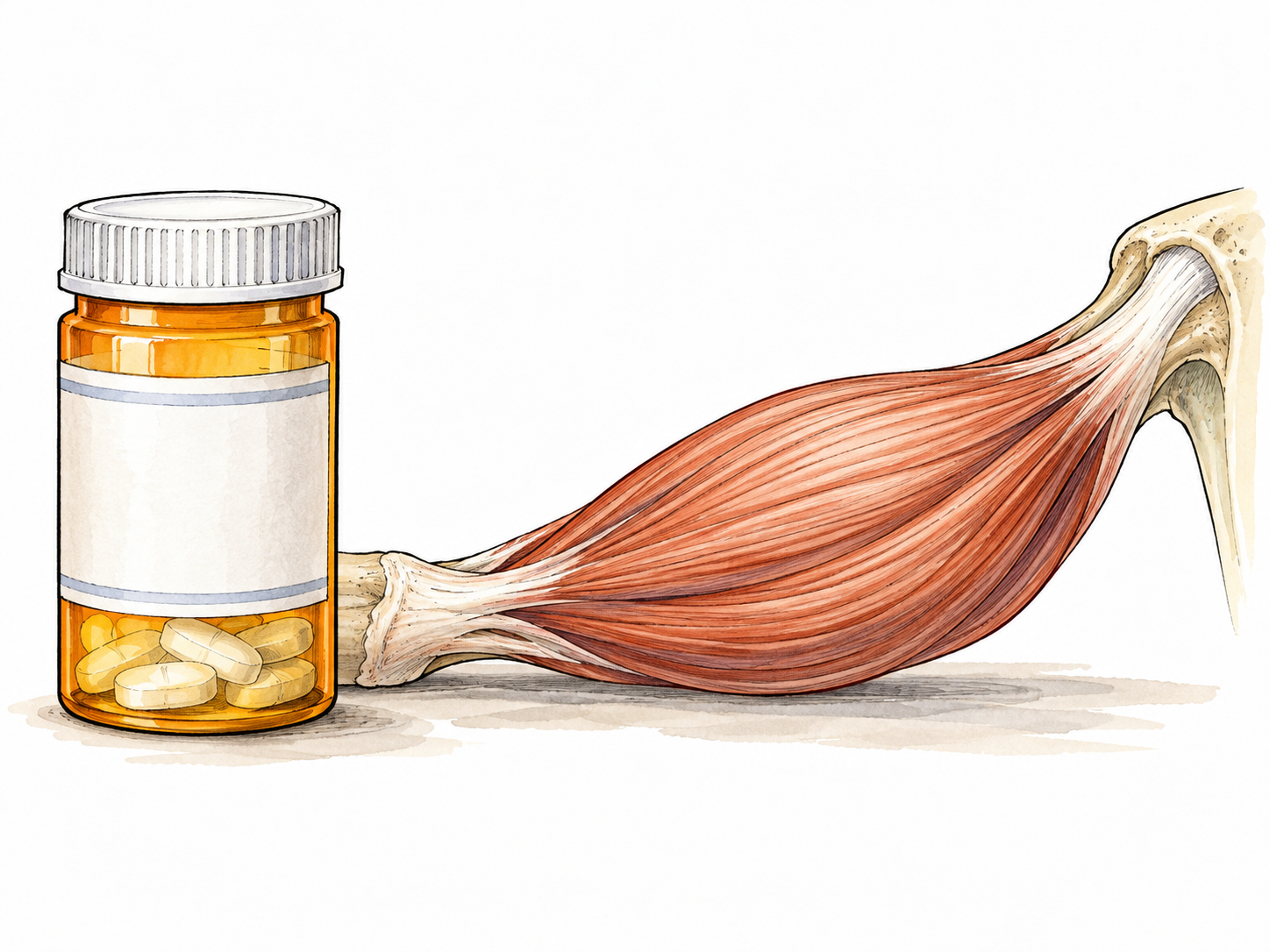 A neutral prescription container beside a relaxed illustrated muscle model, no pills in action or dosage text.