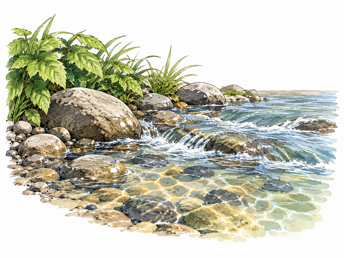 Clear stream water washes over smooth stones at a leafy bank.