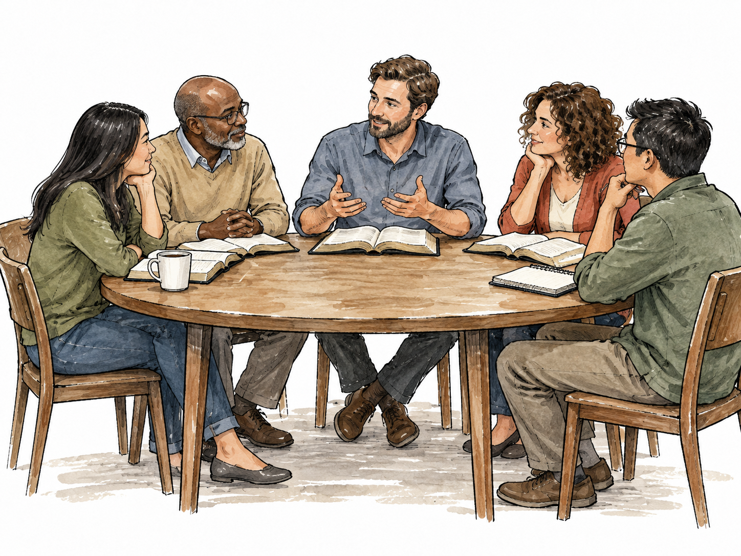 Small diverse adult study group discusses an open book around a table.