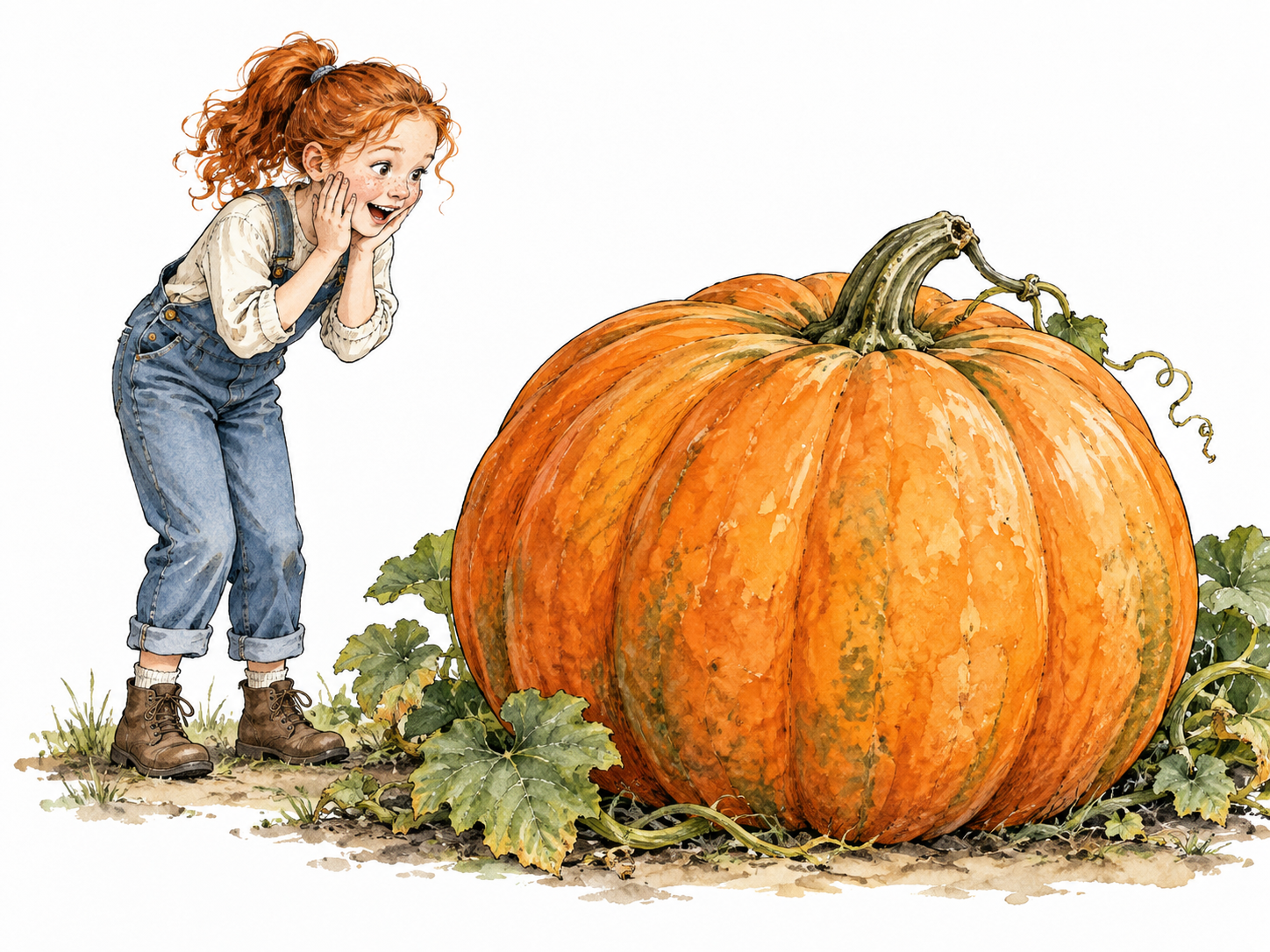 A red-haired white girl looks delightedly surprised by a huge pumpkin.