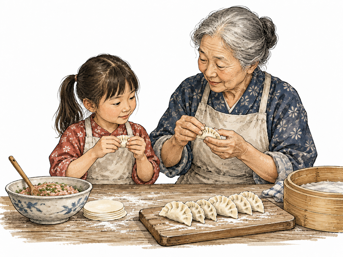 A Japanese grandmother teaches a grandchild a family dumpling-making practice.