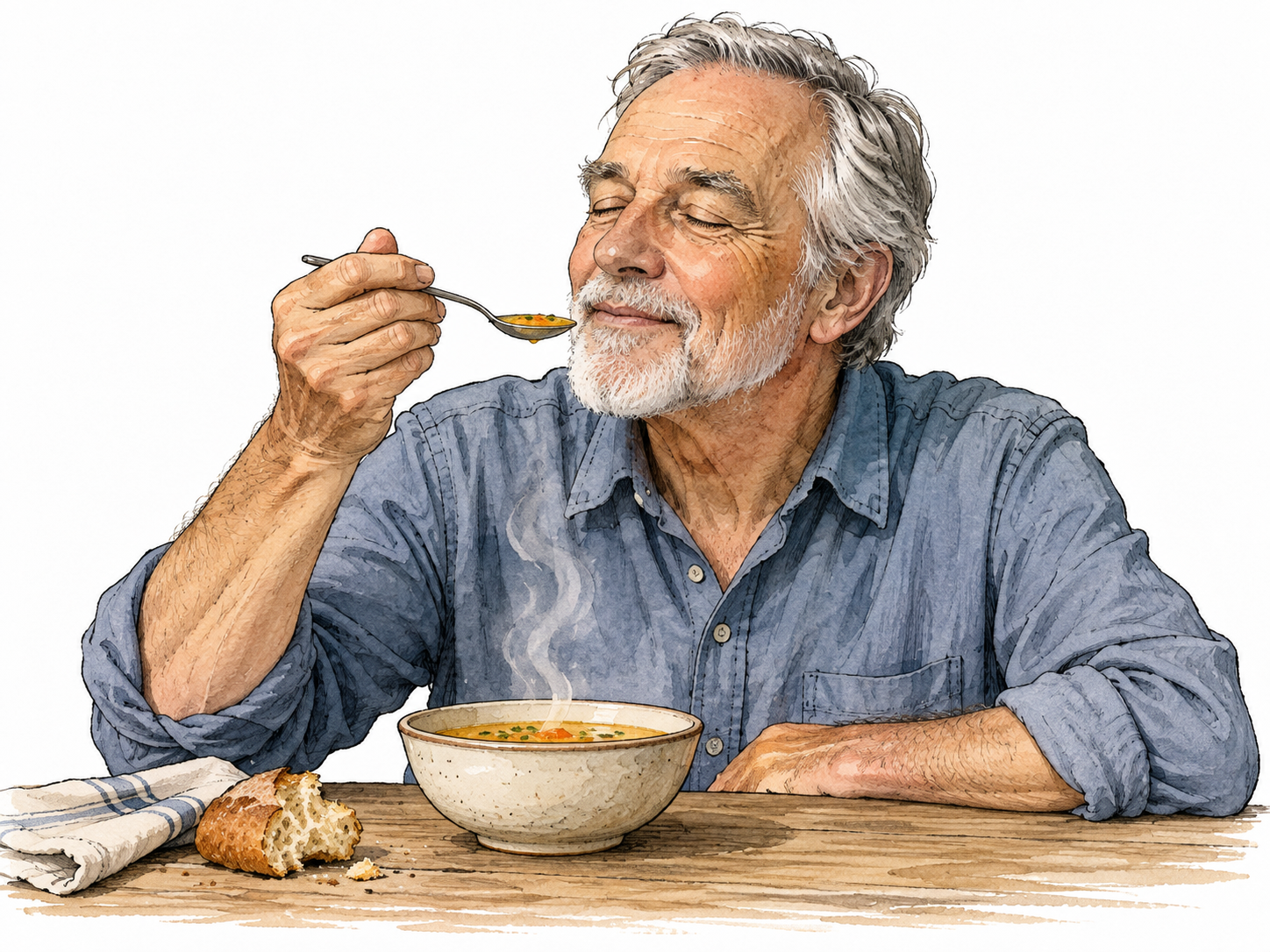 White older man slowly enjoys small spoonful of soup.