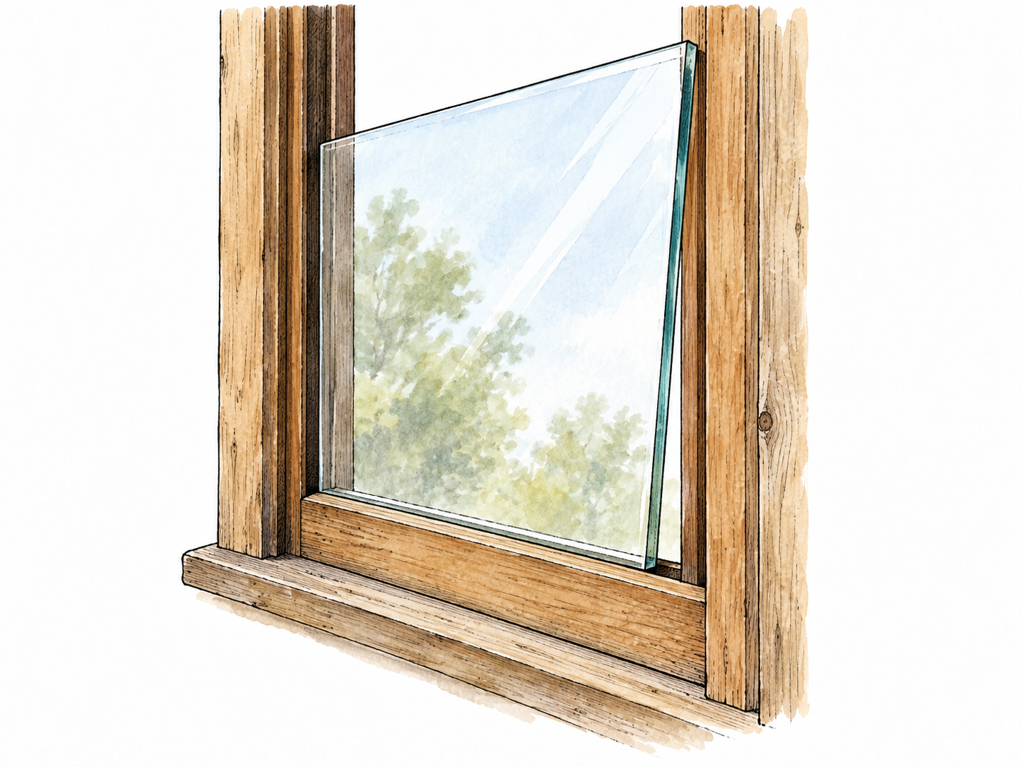 A single clear glass pane partly fitted into a wooden window frame, one rectangle focal.