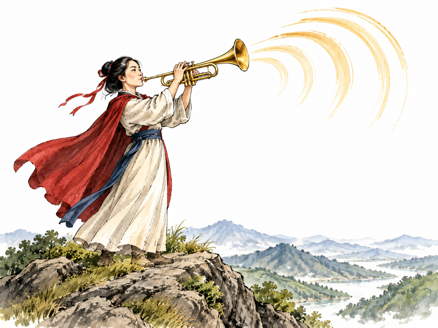 An East Asian woman blows a shining trumpet atop a hill, clear sound suggested by subtle expansive ink strokes.